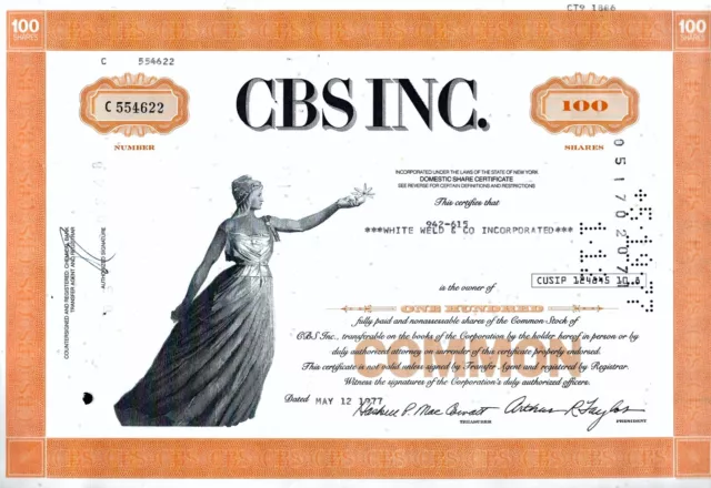 CBS Inc., (Columbia Broadcasting System), 1977 (100 Shares )