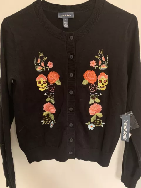 ModCloth Black Cardigan Sweater Skull Day of Dead Embroidered Size Small NWT