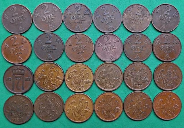Lot of 24 Different Old Norway 2 ore Coins 1921-1972 Vintage World Foreign !!