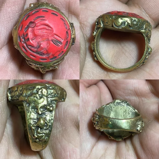 Wonderful Post Medieval Islamic Ottoman Bronze Seal Ring With Lapis Stone