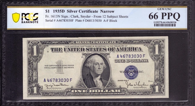 1935 D $1 Silver Certificate Narrow Fr.1613N Af Block Pcgs B Gem 66 Ppq