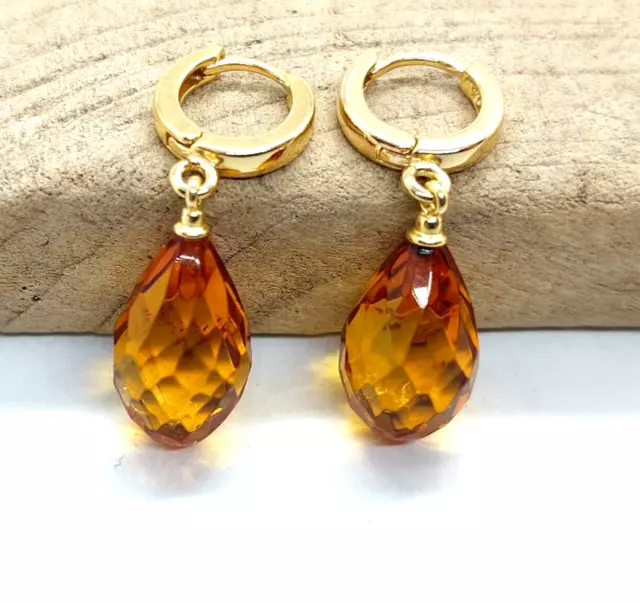 Boucles d'oreilles en ambre naturel pendantes en argent sterling 925 plaqué...