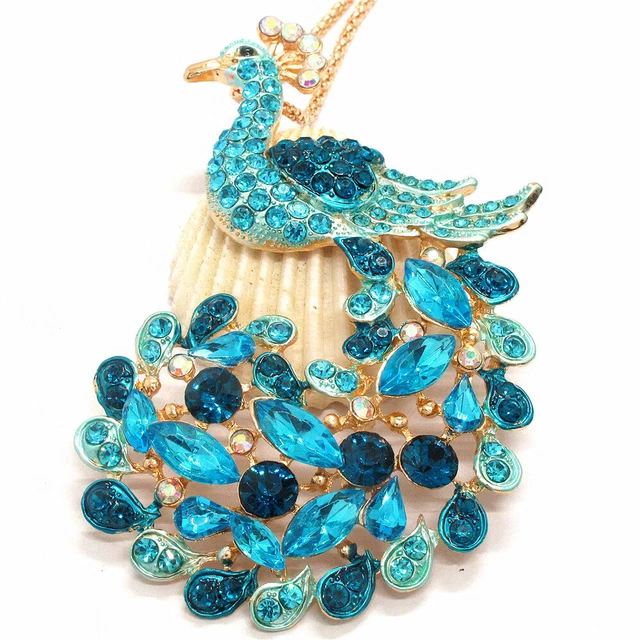 Hot Betsey Johnson Blue Crystal Peacock Bling Animal Necklace Sweater Chain