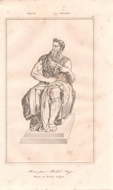 MICHELANGELO Statua del Mosè Roma S. Pietro STAMPA ANTICA del 1835 Antique print