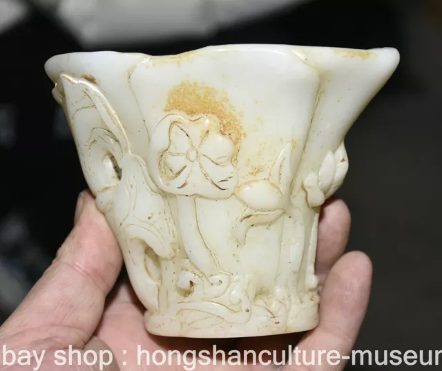 4.4" Rare Old Chinese White Jade Carving Palace Lotus Flower Fish Cann Goblet