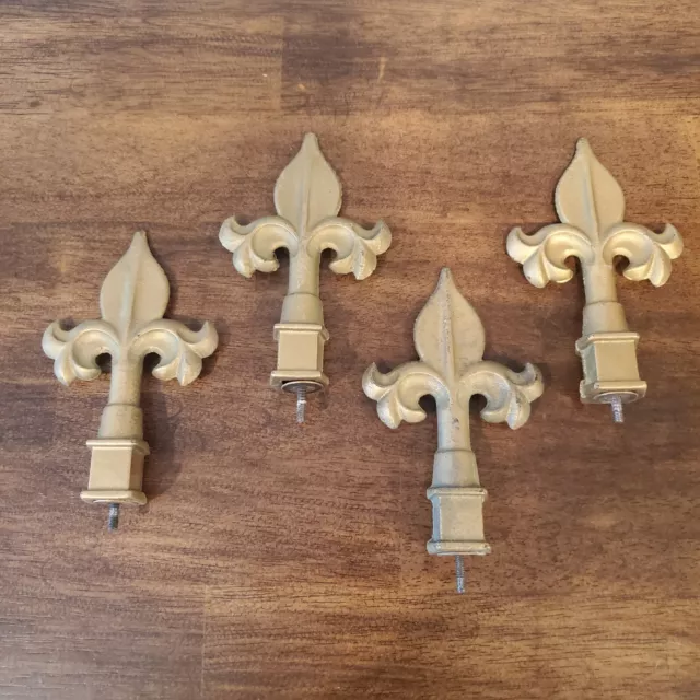 Set of 4 Metal Fleur de Lis Curtain Rod Finials Gold 5" Drapery Hardware