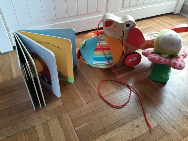 Set aus Hape Nachzieh-Hund, Haba Blume, Babydream Stoffball und ein Baby Buch