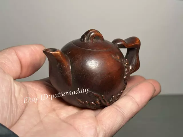 Antique Wooden Carved Tea Pot Ornament with Plum Blossom Handle Handle