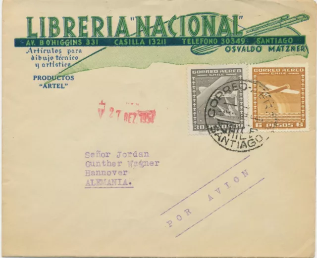 CHILE 1954 int. Flugpost-MiF 6 Pesos hellbraun u 30 Pesos auf Kabinett-Flugpost