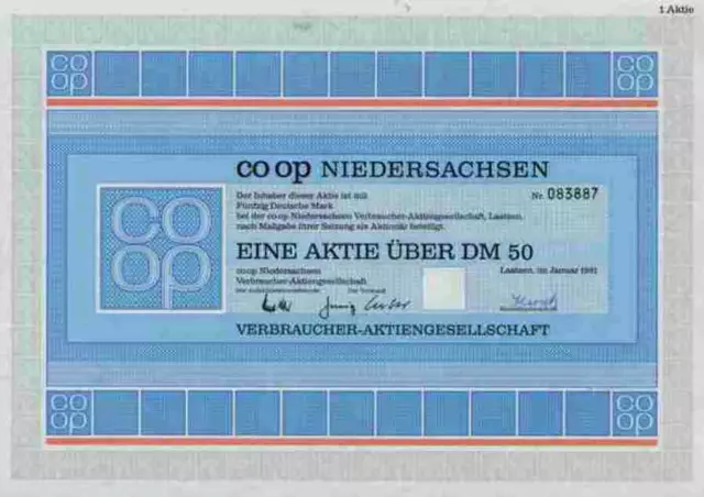 co op Niedersachsen 1981 Laatzen Frankfurt Konsum METRO Gründeraktie BGAG 50 DM
