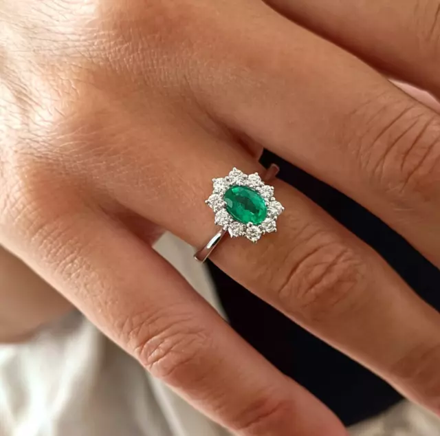 2Ct Oval Cut Green Emerald Women's Halo Engagement Ring In 14K White Gold Finish