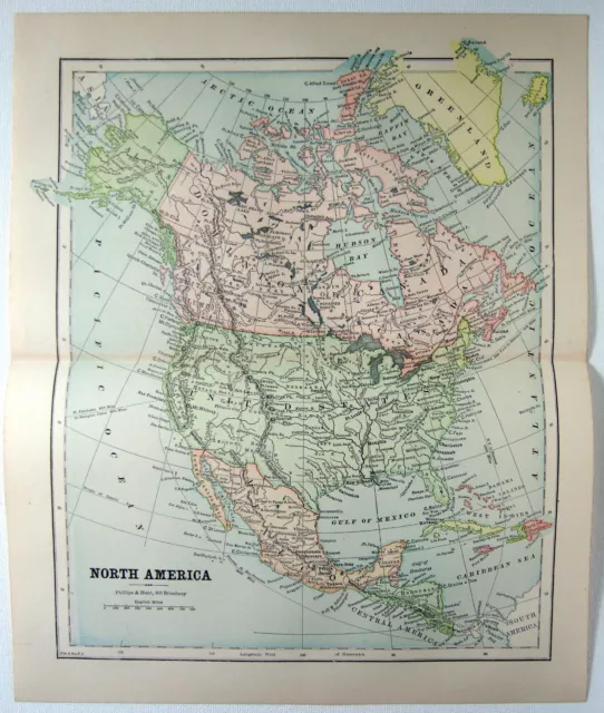 North America - Original 1882 Map by Phillips & Hunt. Antique