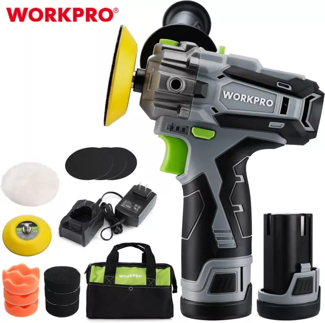 WORKPRO Cordless Polisher 12V Mini Car Detailing 3" Buffer & Sander Machine Kit