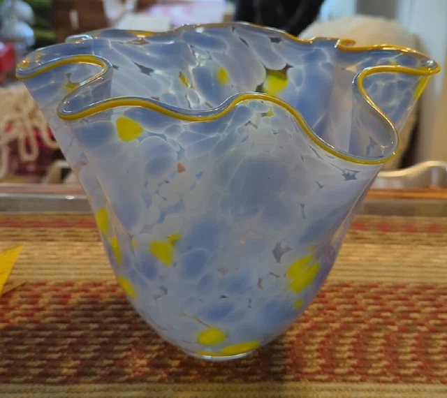 VINTAGE MURANO STYLE Hand Blown Glass Vase Blue Yellow Art Glass with