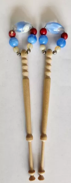 Set of 2 Carved Wood Spangled Lace Bobbins with Glass Beads