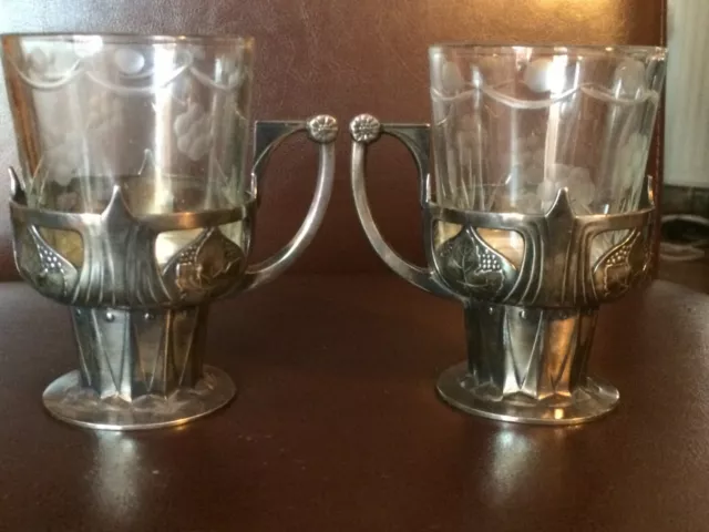 2 WMF Teeglashalter Jugendstil Teegläser mit Glaseinsätzen Schliffmuster