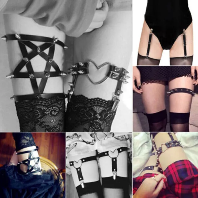 Sexy Womens Garter Belt Black Gothic Punk Leg Harness Ring Suspenders PU-Leather