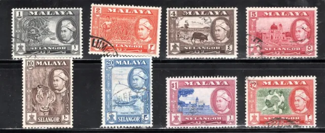 Estampilla Malaya Selangor Scott #102//112, conjunto corto de 8, usado, SCV $7.75