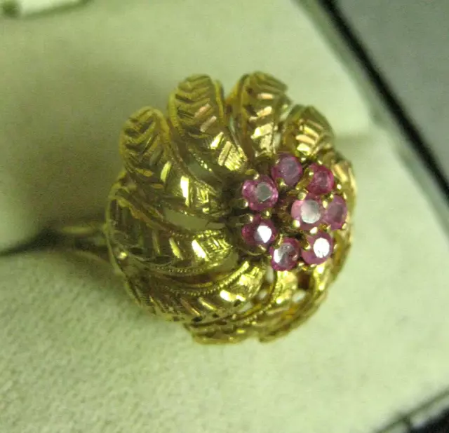 Sixties goldener Ring Goldring 8 Rubine 750 Gold Blüte Knospe Rubinring 18mm 3