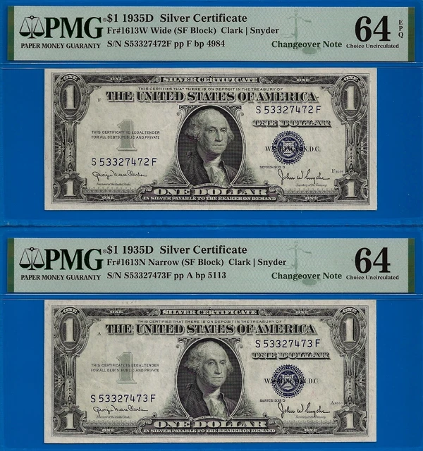 2 1935D $1 Silver Certificate PMG 64EPQ Changeover Pair Fr 1613W Fr 1613N