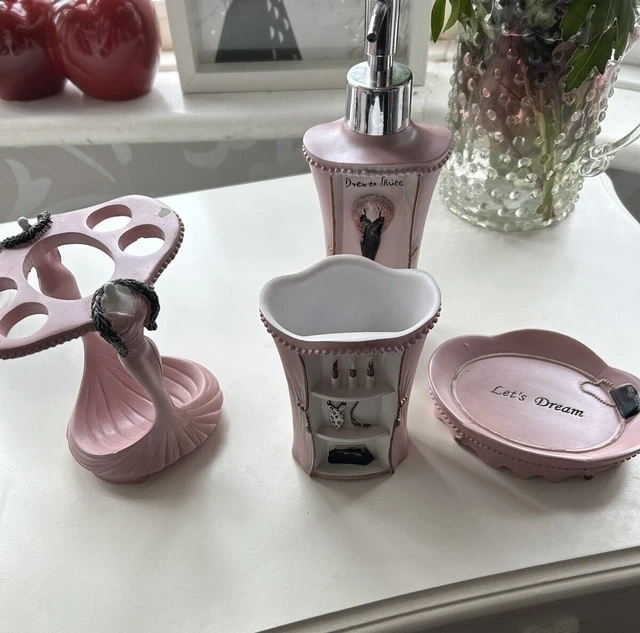 New 4 piece Shabby Chic Art Deco Style Pink Bathroom Set Toothbrush Holder Soap