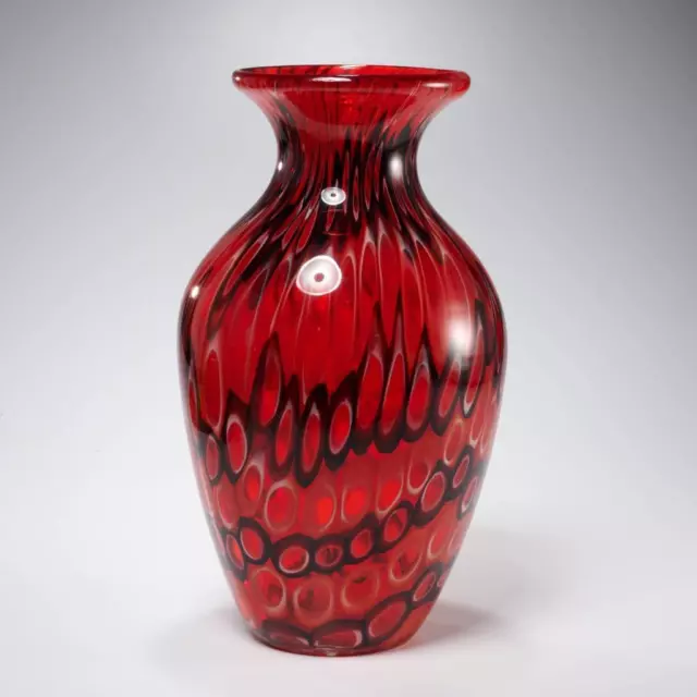 Murano Style Red White Black Large Glass Vase 13.25"h 7.5"w