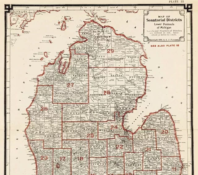 1909 Michigan Map Senatorial Districts County Townships Railroads Grand Traverse