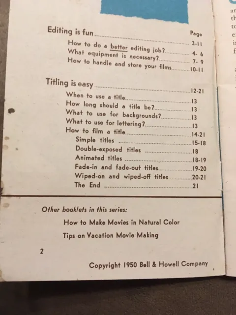 1950 BELL & HOWELL Guide manuel vintage "CONSEILS SUR L'ÉDITION ET LE TITRE" livret 3