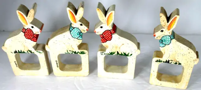 K K Cook Wood Bunnies Napkin Holders Red Blue Bows Painted Square Eight