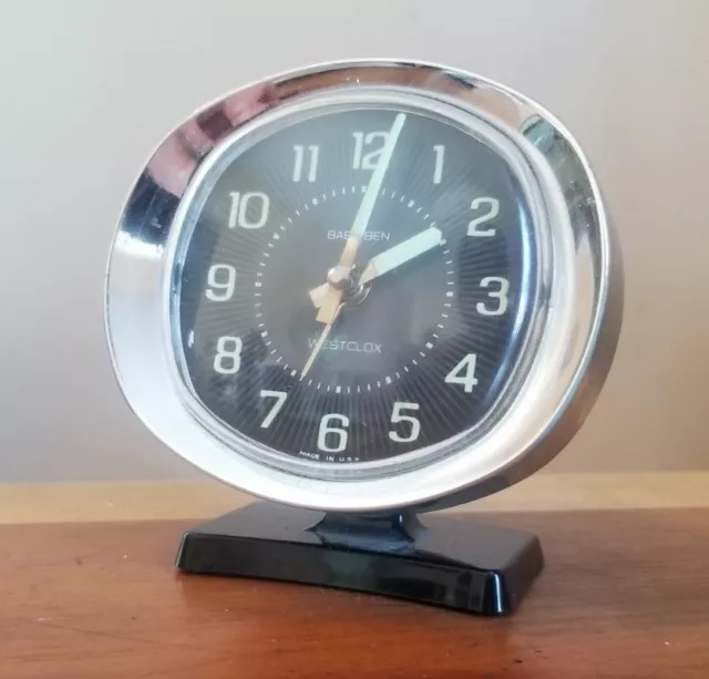 Vtg Westclox Baby Ben Wind-Up Alarm Clock Black Chrome Trim Luminaire MCM
