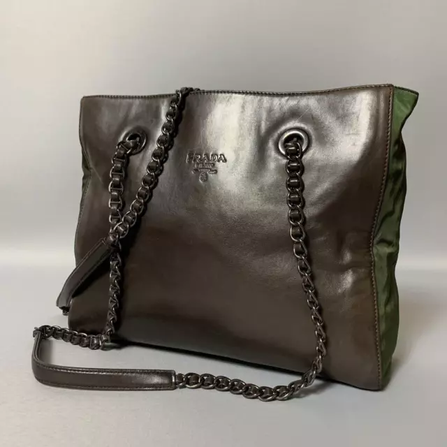 prada authentic chain bag nylon leather bicolor dark brown green zip closure