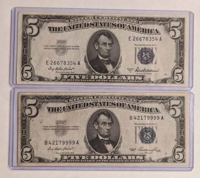 1953 $5 Silver Certificate Lot of 2 ( Quad Serial )