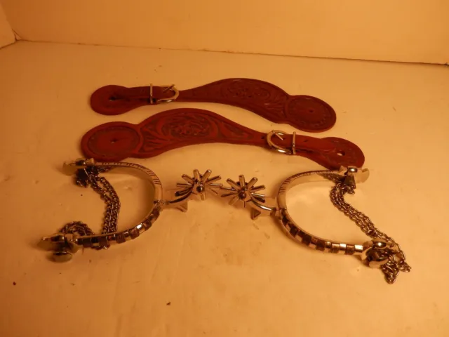 Beautiful E. Garcia Silver Inlay Cowboy Spurs & New Leathers Great Condition