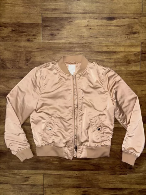 H&M Satin Military Flight Bomber Varsity Jacket Sz S Silky Rose Gold Zip-Up