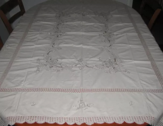 Vintage Embroidered Tablecloth ~Crocheted Lace Inserts ~Cream ~Cotton ~Rectangle