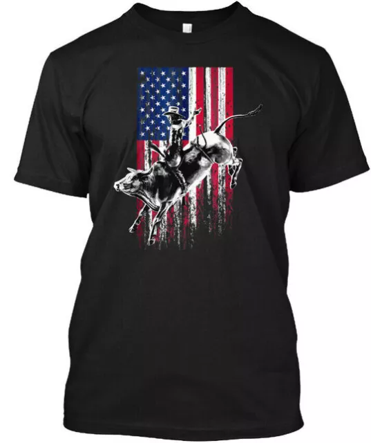 Rodeo Bull Rider Patriotic American Flag T-Shirt Made in the USA Size S to 5XL