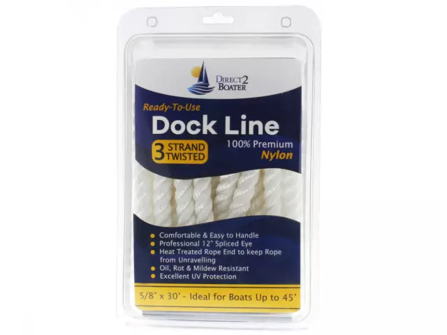 5/8" x 30' White 3 Strand Twisted Premium Nylon Dock Line - For Boats up to 45'