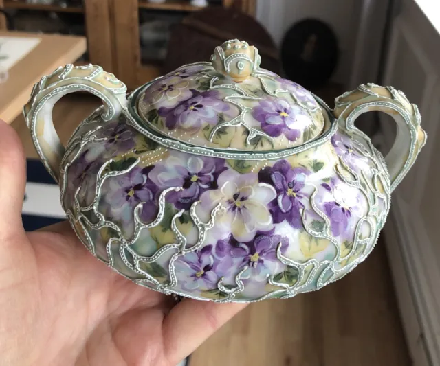 Antique Heavy Moriage Hand Painted Sugar &  Creamer Pansies Stunning As Is