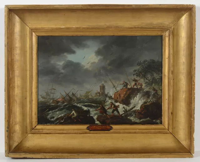 Jean Baptiste Pillement (1728-1808)-Attrib. "The shipwrecked", oil on metal