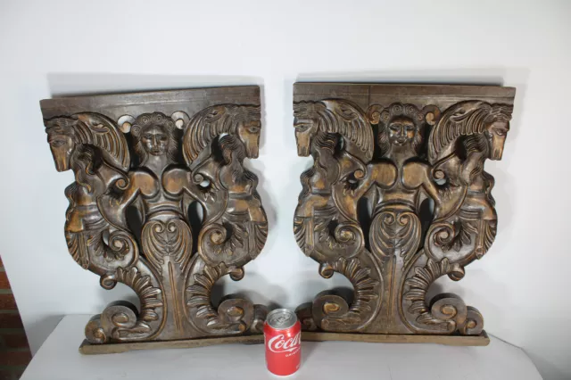 PAIR vintage wood carved mythological horse Figural cabinet panels