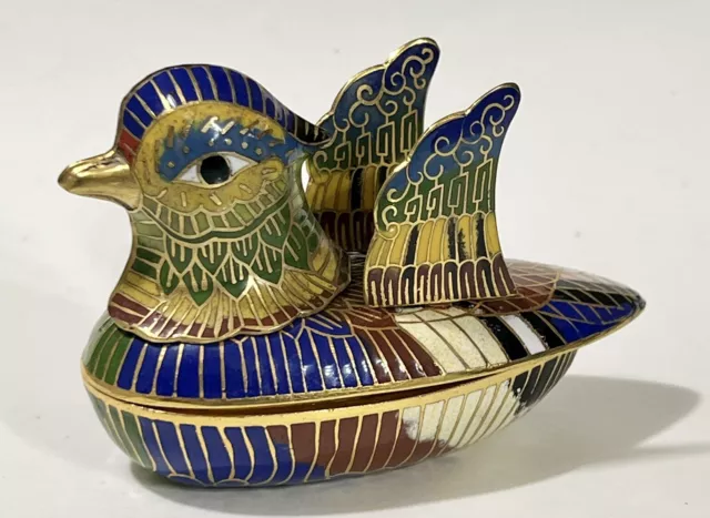 Vintage Cloisonné Enamel Brass BIRD w/Articulated Wings Trinket Box 2-3/4” Tall