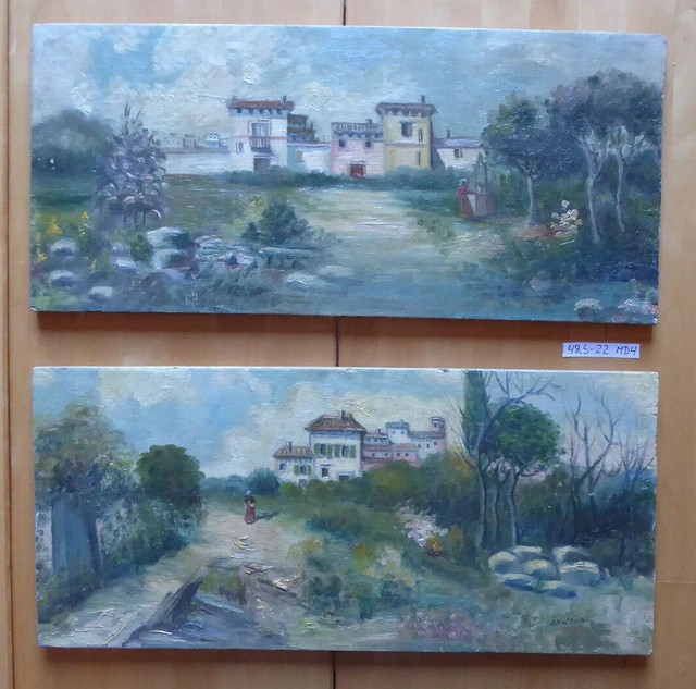 Antiguo Par De Pintado Pendant Vintage Evedute Paisaje España Firmado MD4