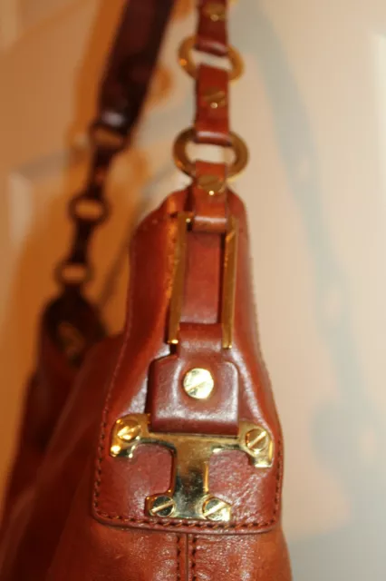 TORY BURCH CARAMEL Brown Glazed Leather Curved Hobo Shoulder Bag $99.96 ...