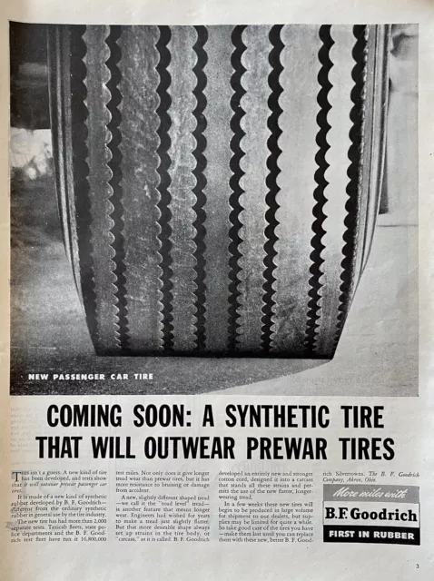 Vtg Print Ad 1945 B.F. Goodrich Rubber Tires Car Synthetic WWII Retro Home Auto