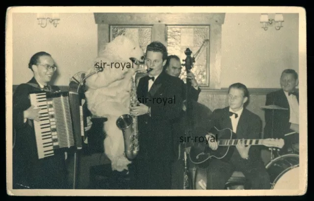 Konzert mit Mann im Eisbär Kostüm - Musiker 1950er 1960er - Foto-AK 14x9cm