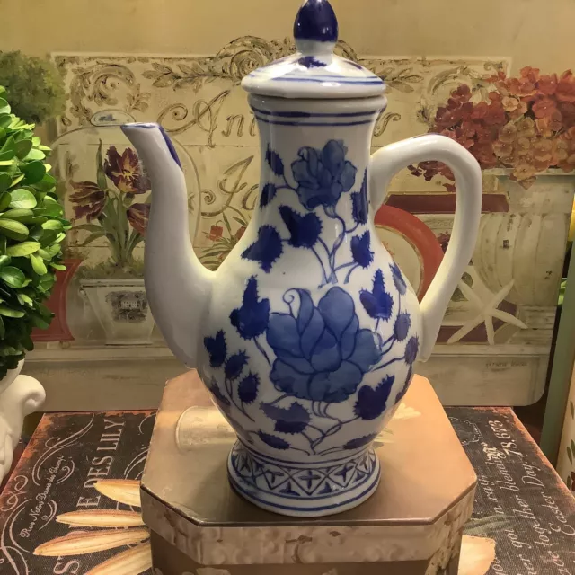 Blue & White Chinoiserie Teapot~Floral Design~8”H X 5.25”W~Excellent~Unique~