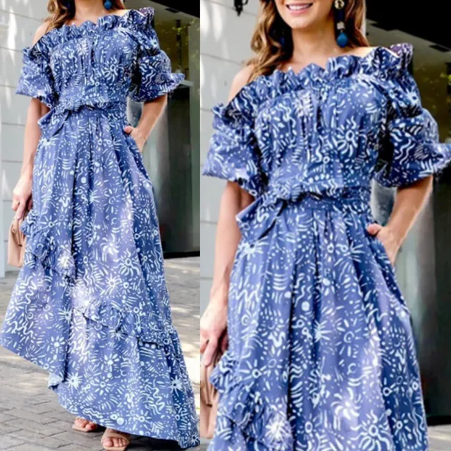 Robe longue imprimé floral bleu tendance pour femmes manches bouffantes hors é