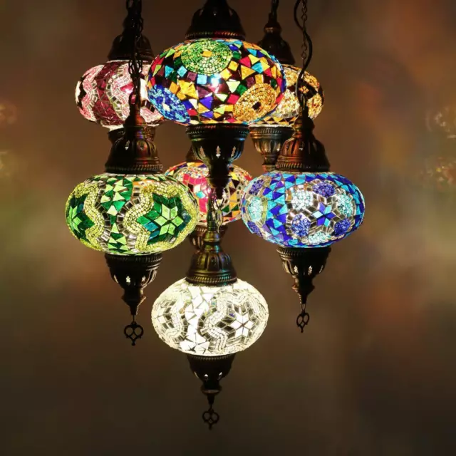 Lámpara colgante de cristal turco marroquí con mosaico de techo 7 grandes globos