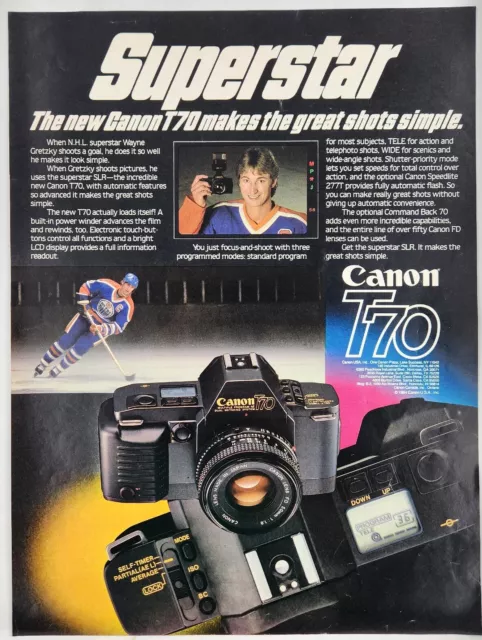 1984 Canon T70 Camera Wayne Gretzky Vtg Print Ad Poster Man Cave Art Deco 80's