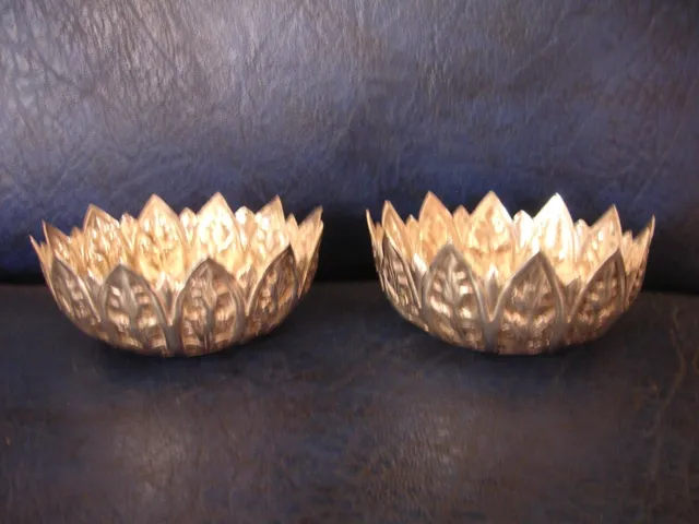 Pair of Antique Indian Silver Repousse Poppy or Lotus Leaf Design Bowls Dishes
